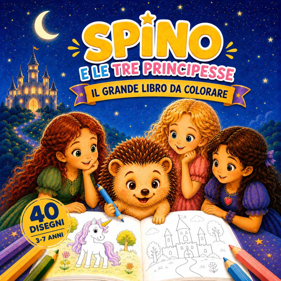Copertina del libro Spino e le Tre Principesse, il grande libro da colorare
